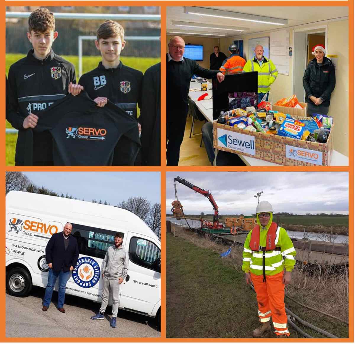 Collage of Servo Group community work: food parcels, sponsored teams and volunteers